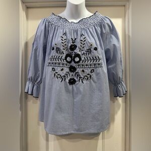 Grand & Greene Embroidered Embellished Floral Striped Blouse Size Small